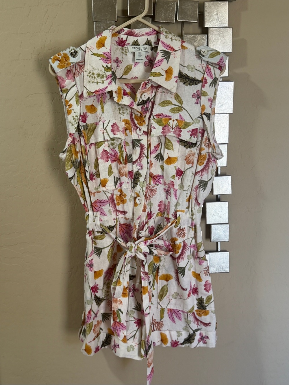 Rachel Zoe Floral Sleeveless Belted Romper in White with Pink & Olive Accents